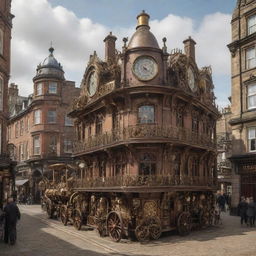 A steampunk transformation of a city in the United Kingdom, displaying a blend of detailed gears, steam-driven technology, and brass accents within the traditional British architecture.