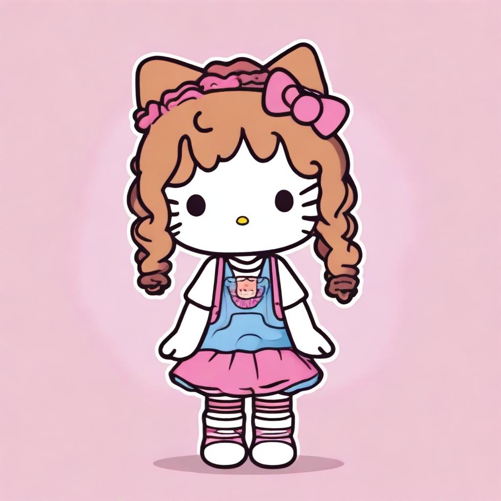 A Hello Kitty character with dark blonde curly hair and some braids, a large body, and wearing tight clothing