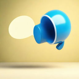 Create a realistic photograph-like image of a small white-blue loud megaphone in the middle of a light-yellow speech bubble over a blue background