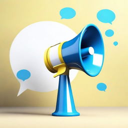 Create a realistic photograph-like image of a small white-blue loud megaphone in the middle of a light-yellow speech bubble over a blue background