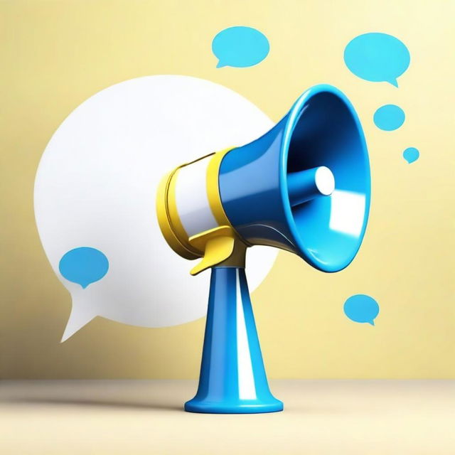 Create a realistic photograph-like image of a small white-blue loud megaphone in the middle of a light-yellow speech bubble over a blue background