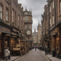 A steampunk transformation of a city in the United Kingdom, displaying a blend of detailed gears, steam-driven technology, and brass accents within the traditional British architecture.