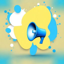 Create a realistic photograph-like image of a small white-blue loud megaphone in the middle of a light-yellow speech bubble over a blue background