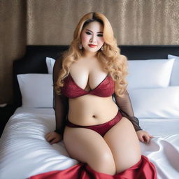 A voluptuous Indonesian Javanese woman with very beautiful mature features is lying on a luxury bed