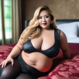 A voluptuous Indonesian Javanese woman with very beautiful mature features is lying on a luxury bed