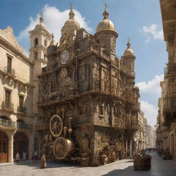 A vision of the city of Malta, reimagined with steampunk enhancements featuring intricate gear mechanisms, steam-powered contraptions and a fusion of traditional Maltese architecture with brass aspects.