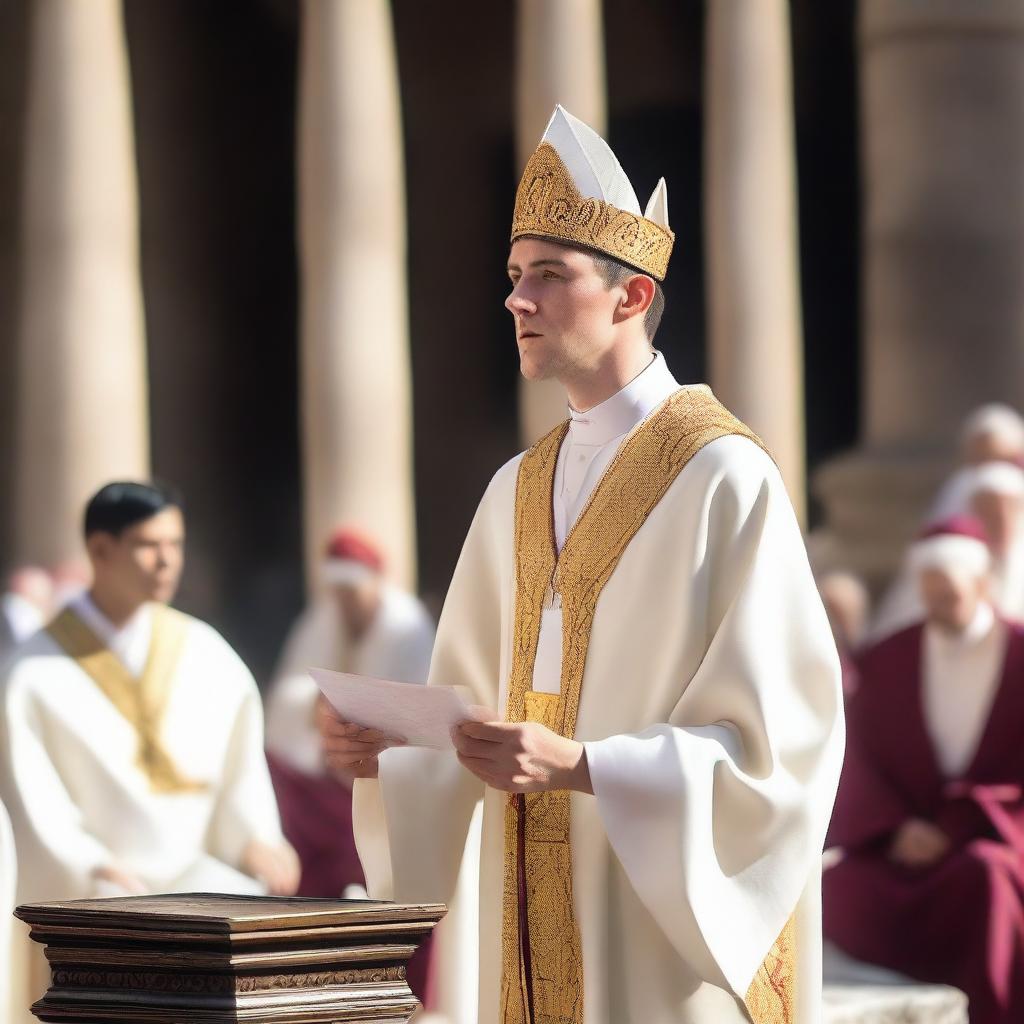 A European white young man with black short hair, wearing a bishop's mitre on his head and white spiritual robes, giving a speech in an ancient temple