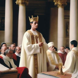 A European white young man with black short hair, wearing a bishop's mitre on his head and white spiritual robes, giving a speech in an ancient temple