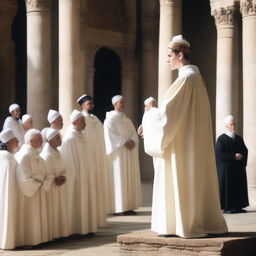 A European white young man with black short hair, wearing a bishop's mitre on his head and white spiritual robes, giving a speech in an ancient temple