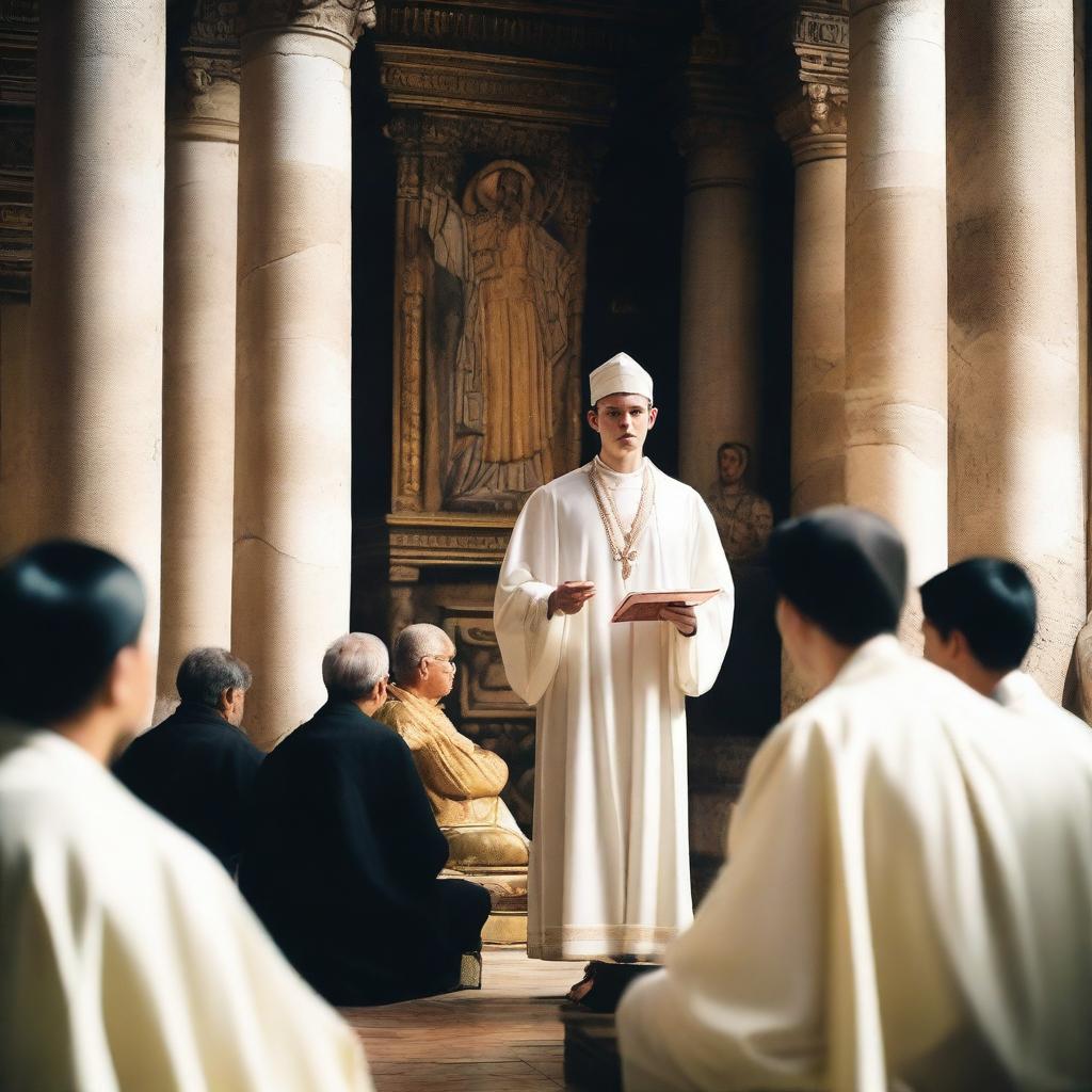 A European white young man with black short hair, wearing a bishop's mitre on his head and white spiritual robes, giving a speech in an ancient temple