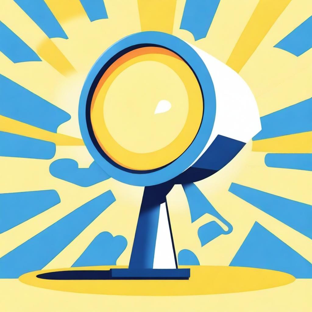 Create a movie-like image of a small white-blue megaphone in the middle of a big light-yellow speech bubble with a blue background