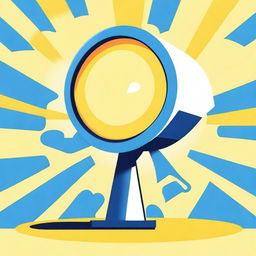Create a movie-like image of a small white-blue megaphone in the middle of a big light-yellow speech bubble with a blue background