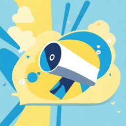 Create a movie-like image of a small white-blue megaphone in the middle of a big light-yellow speech bubble with a blue background