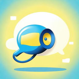 Create a movie-like image of a small white-blue megaphone in the middle of a big light-yellow speech bubble with a blue background