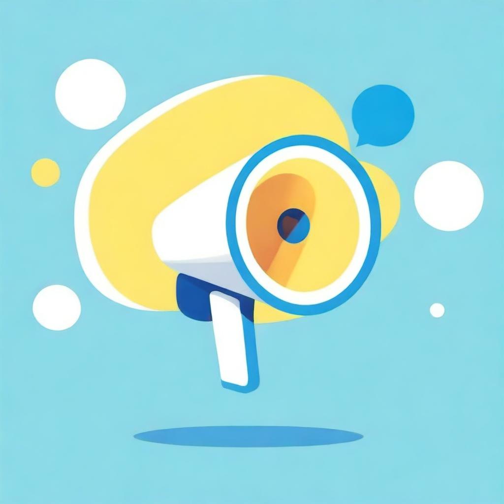 Create a movie-like image of a small white-blue megaphone in the middle of a big light-yellow speech bubble with a blue background