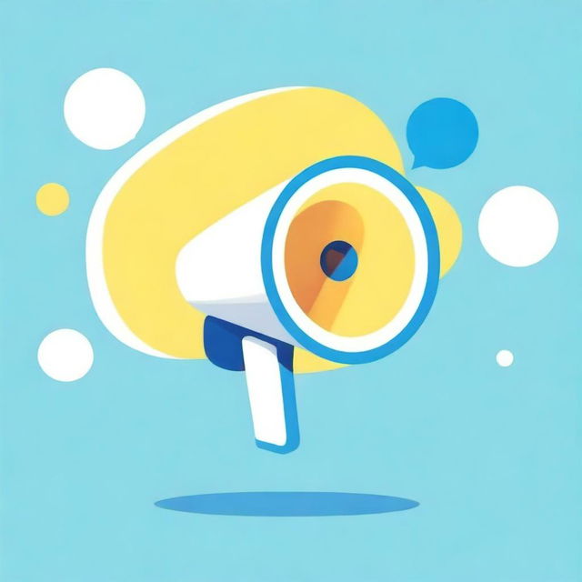 Create a movie-like image of a small white-blue megaphone in the middle of a big light-yellow speech bubble with a blue background