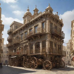 A vision of the city of Malta, reimagined with steampunk enhancements featuring intricate gear mechanisms, steam-powered contraptions and a fusion of traditional Maltese architecture with brass aspects.