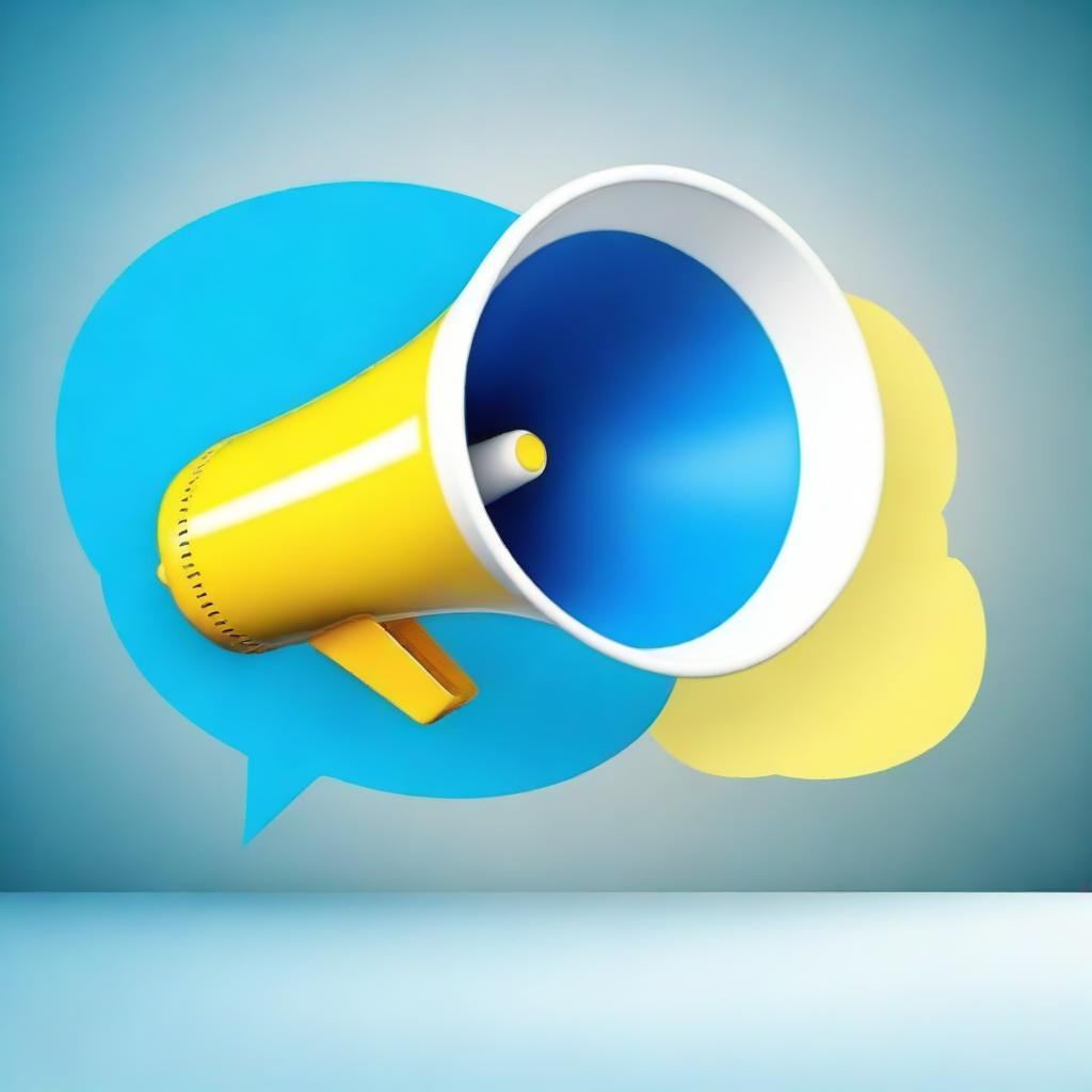 Create a realistic image of a small white-blue megaphone in the middle of a big light-yellow speech bubble with a blue background