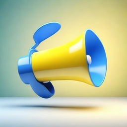 Create a realistic image of a small white-blue megaphone in the middle of a big light-yellow speech bubble with a blue background