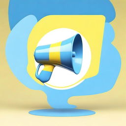 Create a realistic image of a small white-blue megaphone in the middle of a big light-yellow speech bubble with a blue background