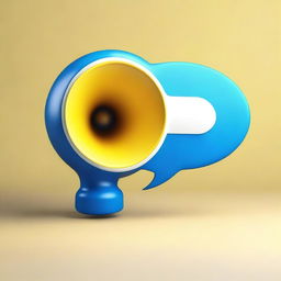 Create a realistic image of a small white-blue megaphone in the middle of a big light-yellow speech bubble with a blue background