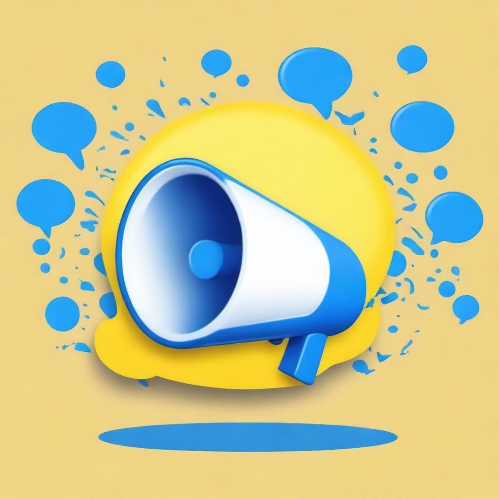 Create a real-life style image of a small white-blue megaphone in the middle of one big yellow speech bubble with a blue background