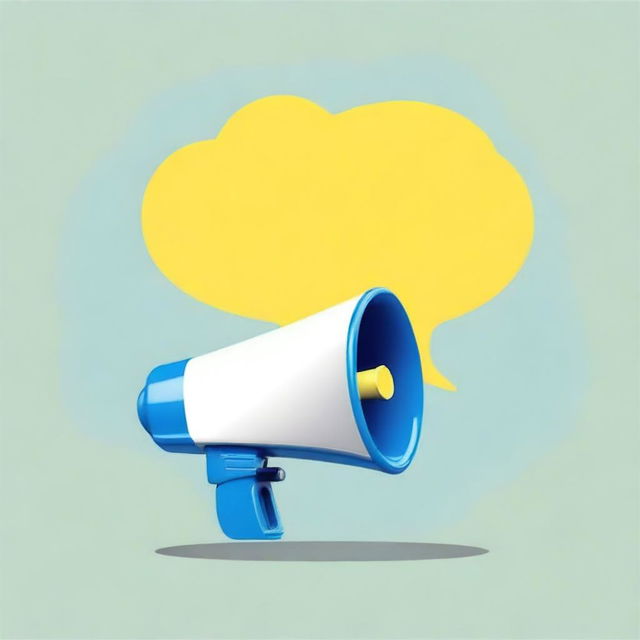 Create a real-life style image of a small white-blue megaphone in the middle of one big yellow speech bubble with a blue background