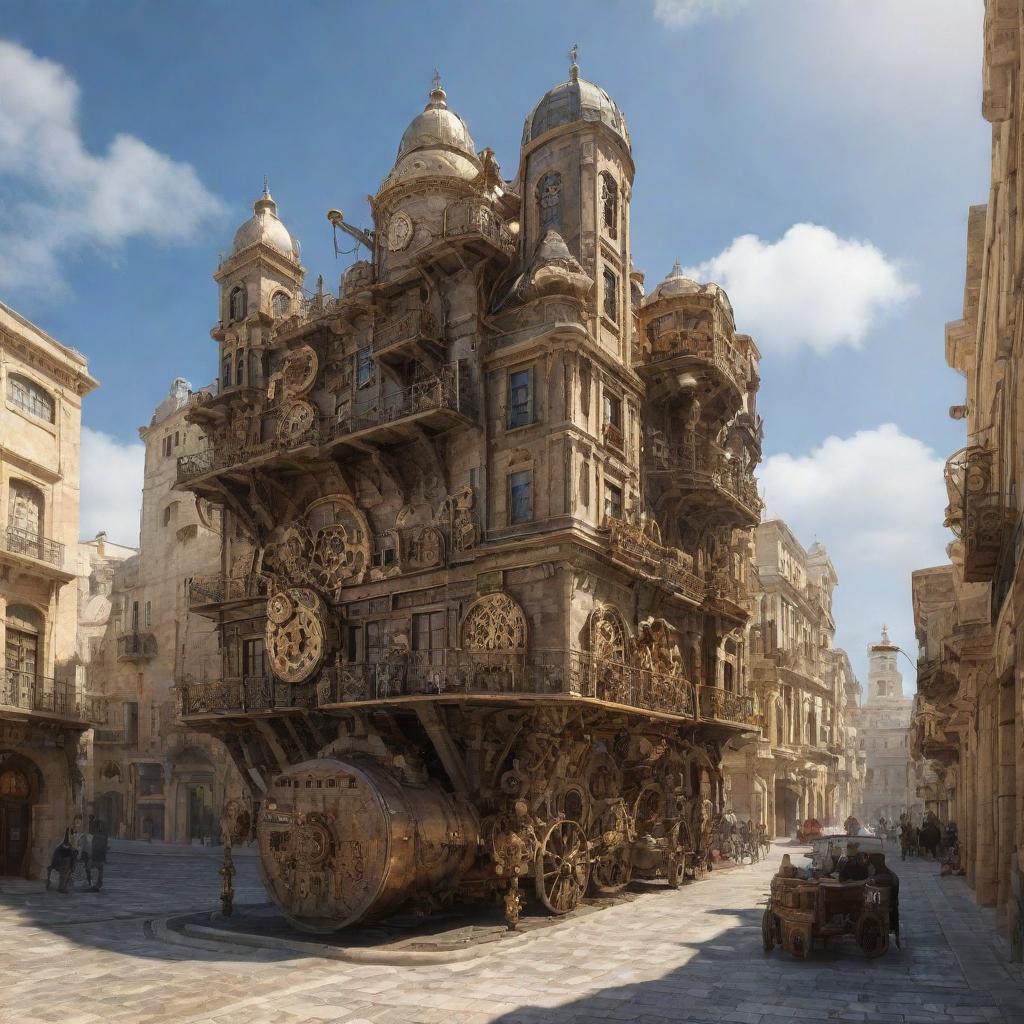 A vision of the city of Malta, reimagined with steampunk enhancements featuring intricate gear mechanisms, steam-powered contraptions and a fusion of traditional Maltese architecture with brass aspects.