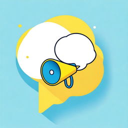 Create a real-life style image of a small white-blue megaphone in the middle of one big yellow speech bubble with a blue background