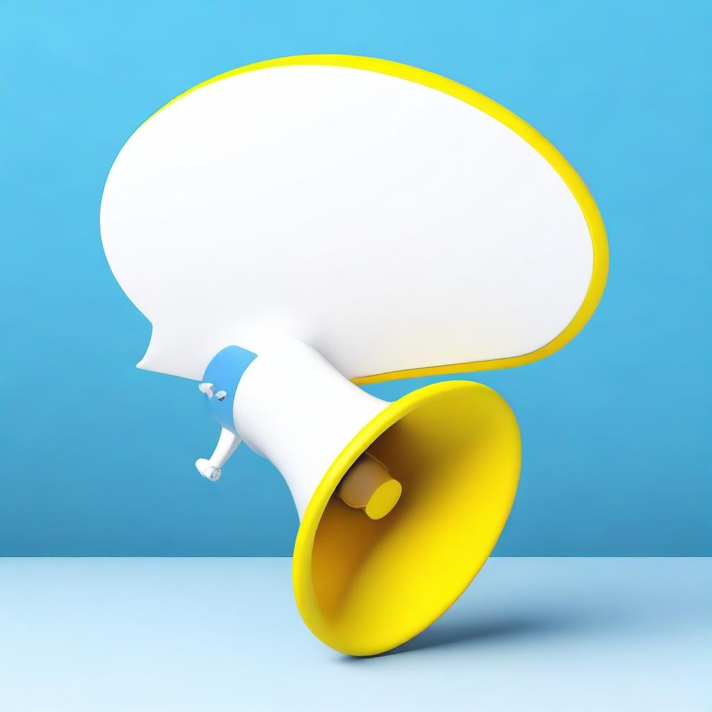 Create a photograph-like image of a small white-blue megaphone in the middle of a big yellow speech bubble with a blue background