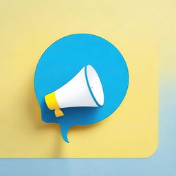 Create a photograph-like image of a small white-blue megaphone in the middle of a big yellow speech bubble with a blue background