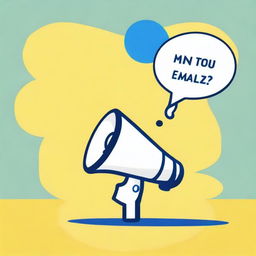 Create a photograph-like image of a small white-blue megaphone in the middle of a big yellow speech bubble with a blue background