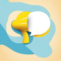 Create a photograph-like image of a small white-blue megaphone in the middle of a big yellow speech bubble with a blue background