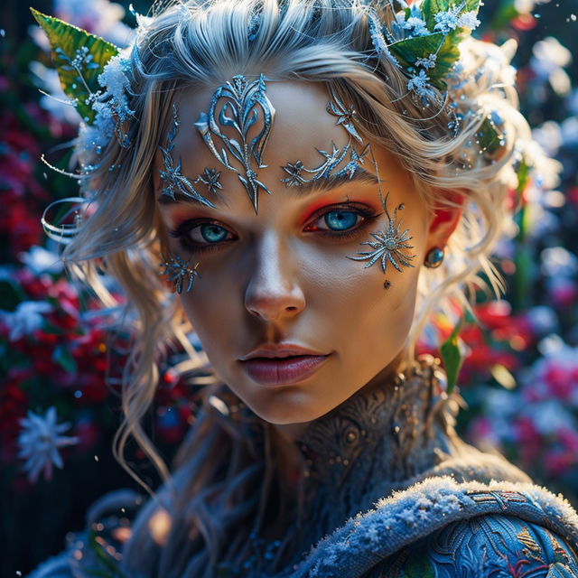 Intense close-up of a different Russian elfish woman with platinum blonde hair and elf ears in a vibrant, flower-filled rococo Russian town on a snowy day. Her face is intricately detailed under immaculate composition and lighting.