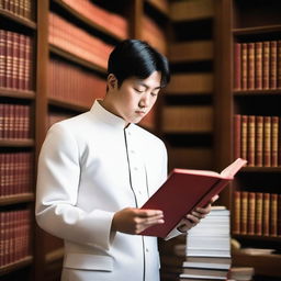 A European young man with short black hair is wearing a white Mao suit