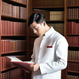 A European young man with short black hair is wearing a white Mao suit