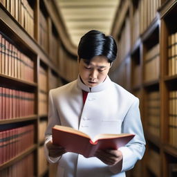 A European young man with short black hair is wearing a white Mao suit