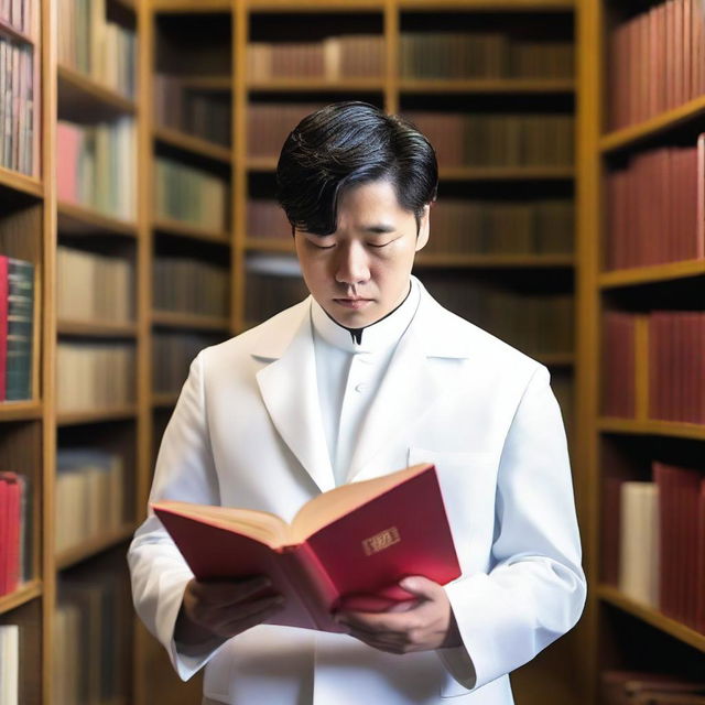 A European young man with short black hair is wearing a white Mao suit