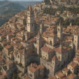 A detailed image of the city of San Marino, seamlessly transformed with a steampunk aesthetic, complete with intricate cogs, steam-powered machinery, and rich brass elements blending with the city's historical architecture.