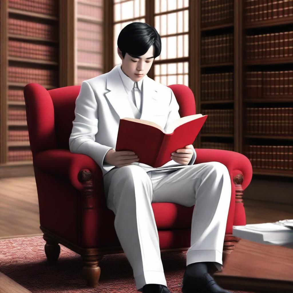 A photorealistic image of a young European man with short black hair, wearing a white Mao suit