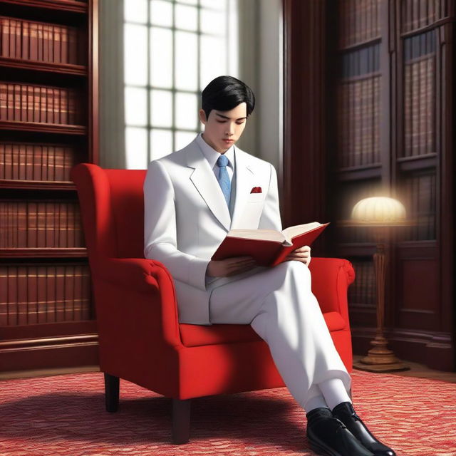 A photorealistic image of a young European man with short black hair, wearing a white Mao suit