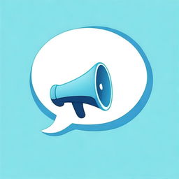 Create a photograph-like image of a small megaphone in the middle of a big speech bubble with a blue background