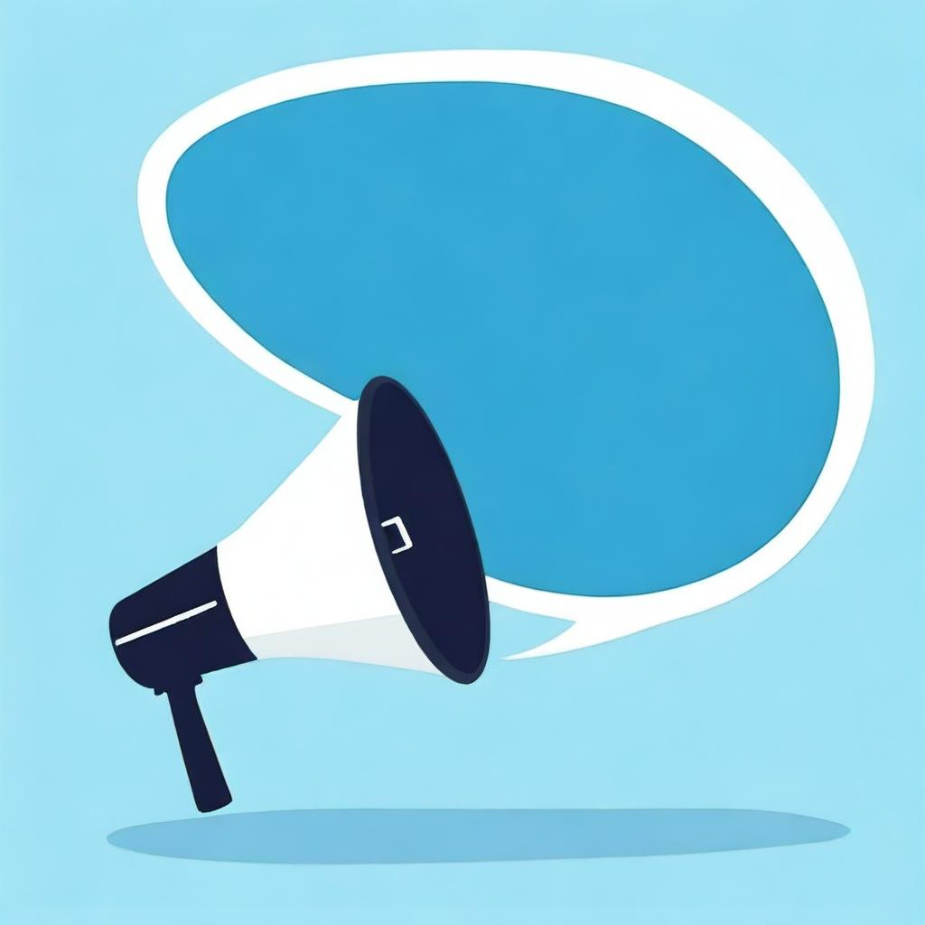 Create a photograph-like image of a small megaphone in the middle of a big speech bubble with a blue background