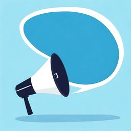 Create a photograph-like image of a small megaphone in the middle of a big speech bubble with a blue background