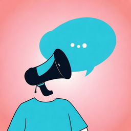 Create a photograph-like image of a small megaphone in the middle of a big speech bubble with a blue background