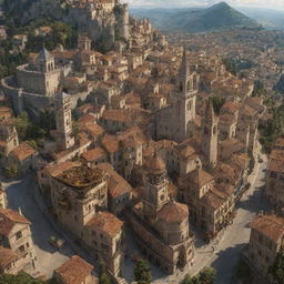 A detailed image of the city of San Marino, seamlessly transformed with a steampunk aesthetic, complete with intricate cogs, steam-powered machinery, and rich brass elements blending with the city's historical architecture.