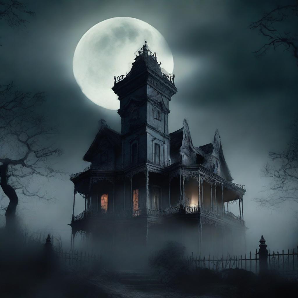 A dark and eerie horror book cover featuring a haunted mansion on a hill, with ominous clouds and a full moon in the background