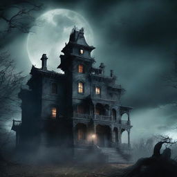 A dark and eerie horror book cover featuring a haunted mansion on a hill, with ominous clouds and a full moon in the background