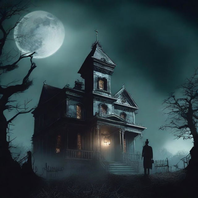 A dark and eerie horror book cover featuring a haunted mansion on a hill, with ominous clouds and a full moon in the background