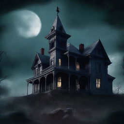 A dark and eerie horror book cover featuring a haunted mansion on a hill, with ominous clouds and a full moon in the background